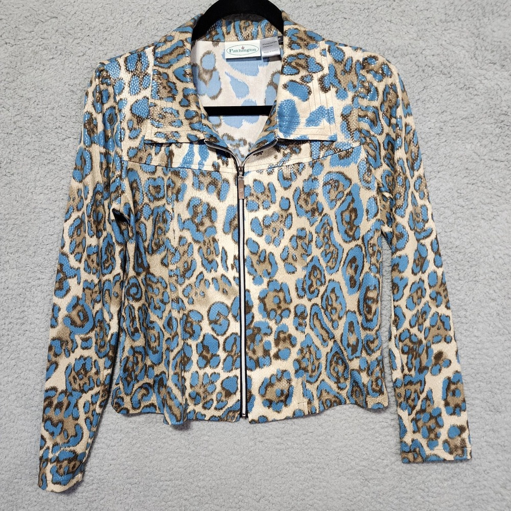 Patchington Animal Snack Print Blue Brown Stretch Size Small Full Zip Jacket